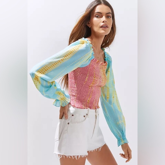 Anthropologie Pink and Blue Smocked Women's Top Sz XS - Picture 1 of 6
